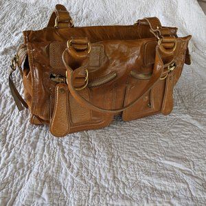 Chloe Brown Leather Front Zip Pockets Double Handles Satchel Shoulder